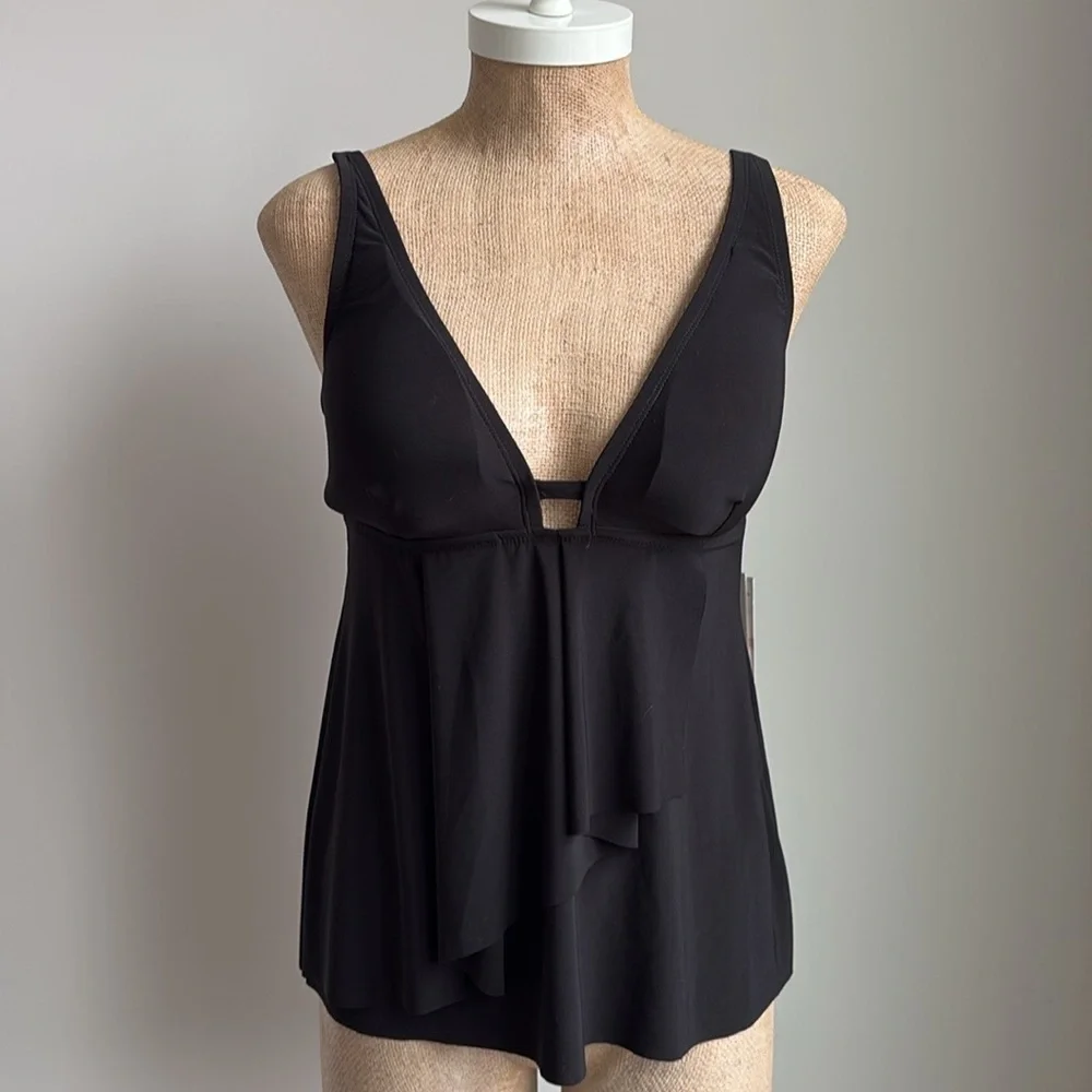 Beyond Control Front-Cascade Tankini Top Black Size 6
